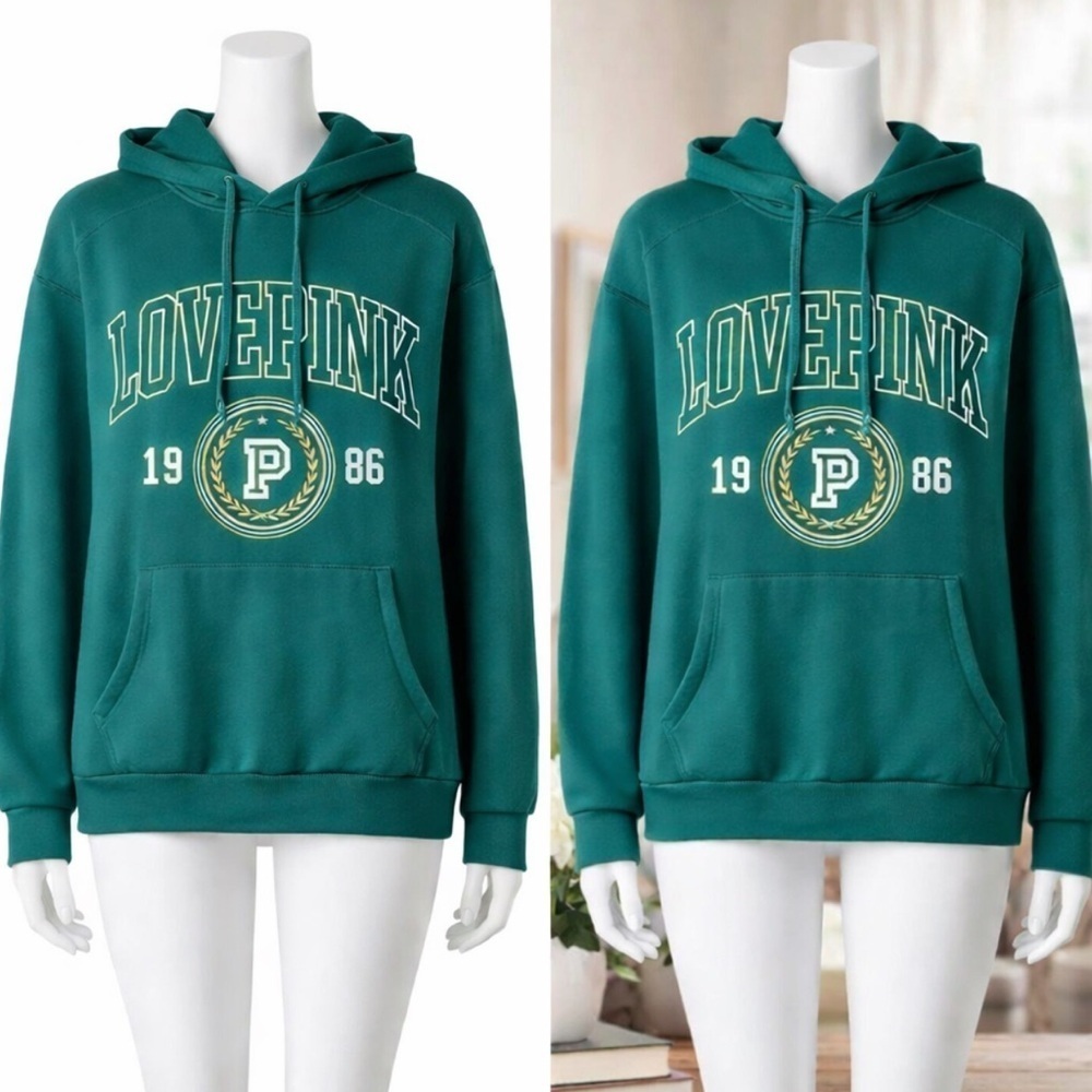 Victoria’s Secret Pink Green Love Pink Originals Glitter Logo Hoodie Medium